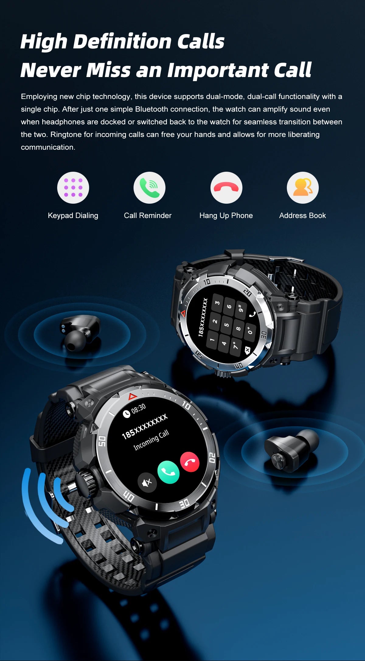 New 3 in 1 Smart Watch for Men With TWS Headset Rugged Military Bluetooth Call Fitness Tracker IP67 Waterproof  for Android iOS