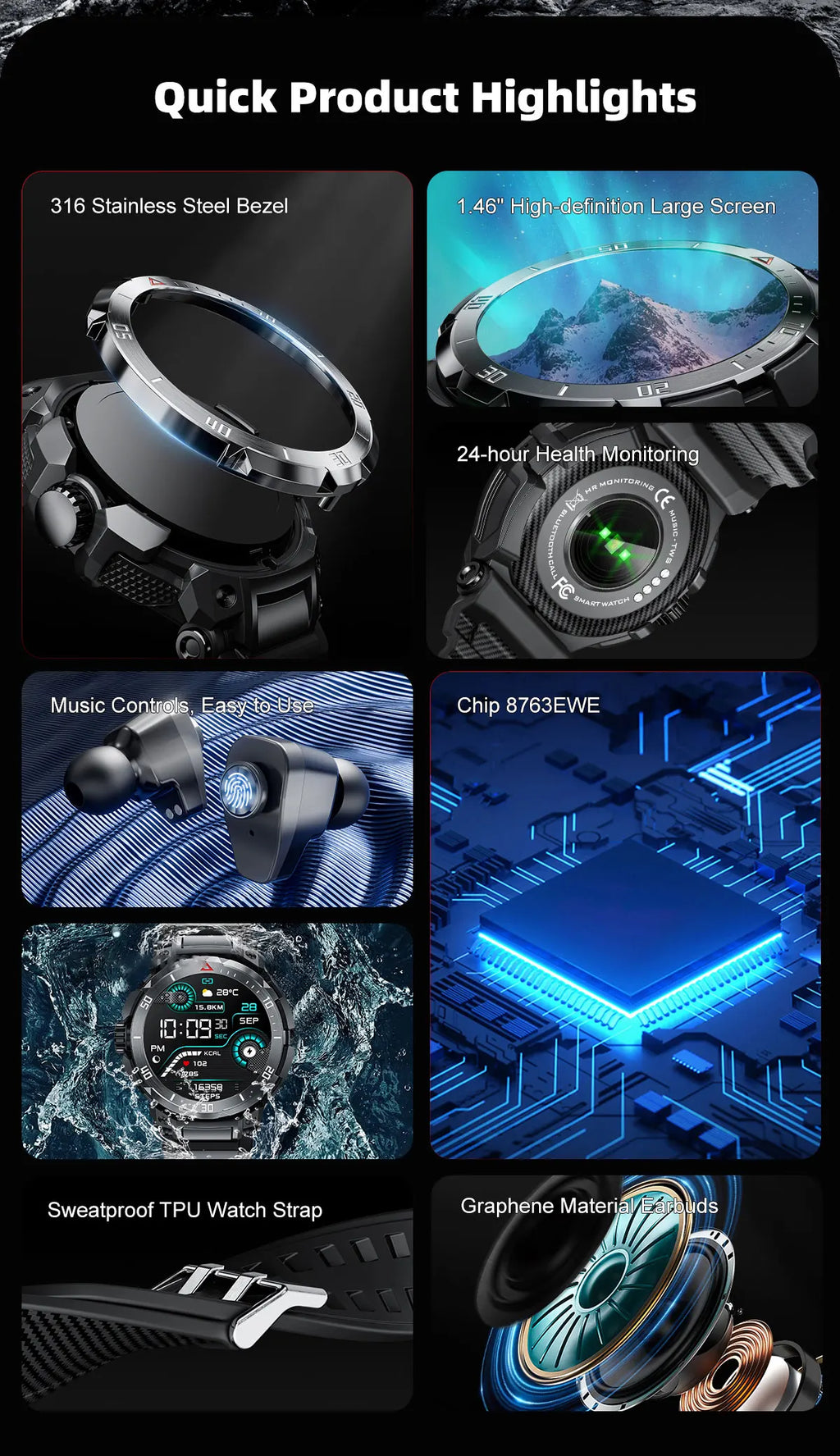 New 3 in 1 Smart Watch for Men With TWS Headset Rugged Military Bluetooth Call Fitness Tracker IP67 Waterproof  for Android iOS