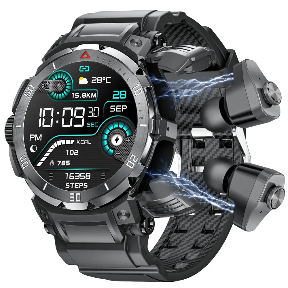 New 3 in 1 Smart Watch for Men With TWS Headset Rugged Military Bluetooth Call Fitness Tracker IP67 Waterproof  for Android iOS
